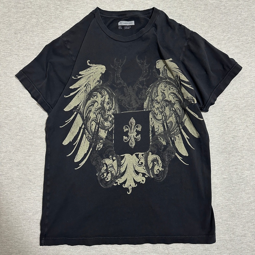 INC International Concepts Black Wings Fleur De Lis Crest Graphic Tee Y2K Small